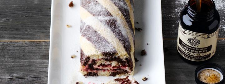 Chocolate and vanilla swiss roll