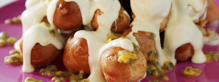 Profiteroles with white chocolate and passion fruit cream