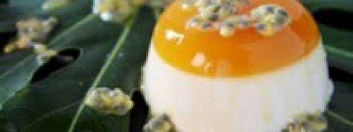 Lychee panna cotta with passion fruit jelly