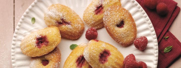 Raspberry madeleines with rose water cream | Eggcellentrecipes.com