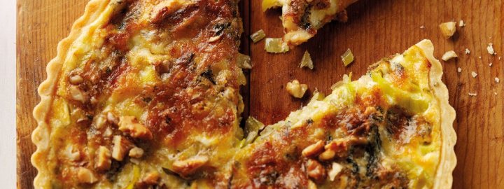 Stilton, leek and walnut quiche