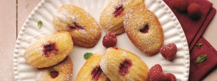 Raspberry madeleines with rose water cream